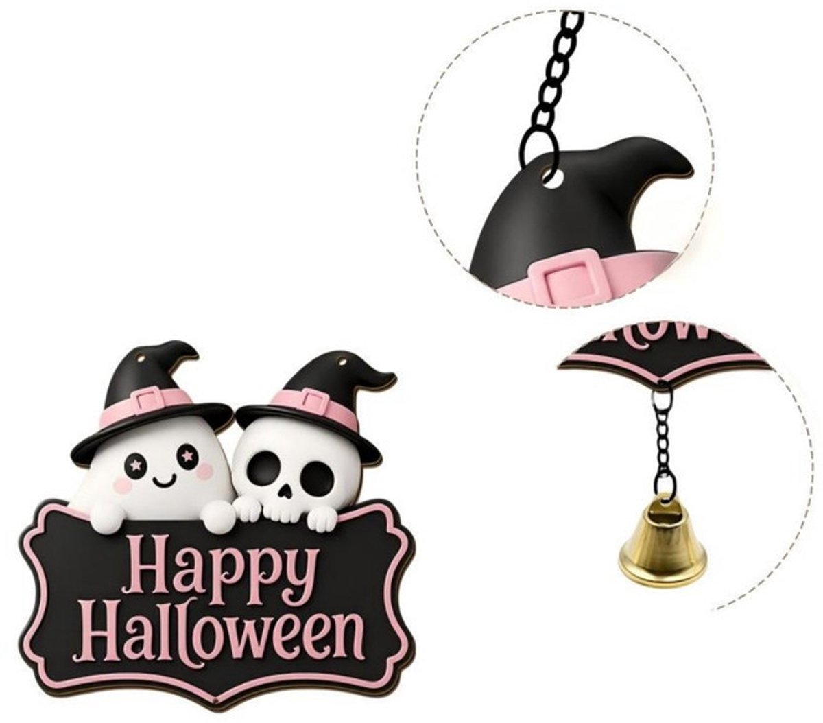 Halloween-deurbord – 20 × 18,5 cm – Decoratief hangbord – Houten Halloween-deurbord - Deurhanger met belletje – Halloween-deurdecoratie – Decoratief ornament – ​​Geschikt voor Halloween-feestdecoratie, voordeuren, terrassen, enz.