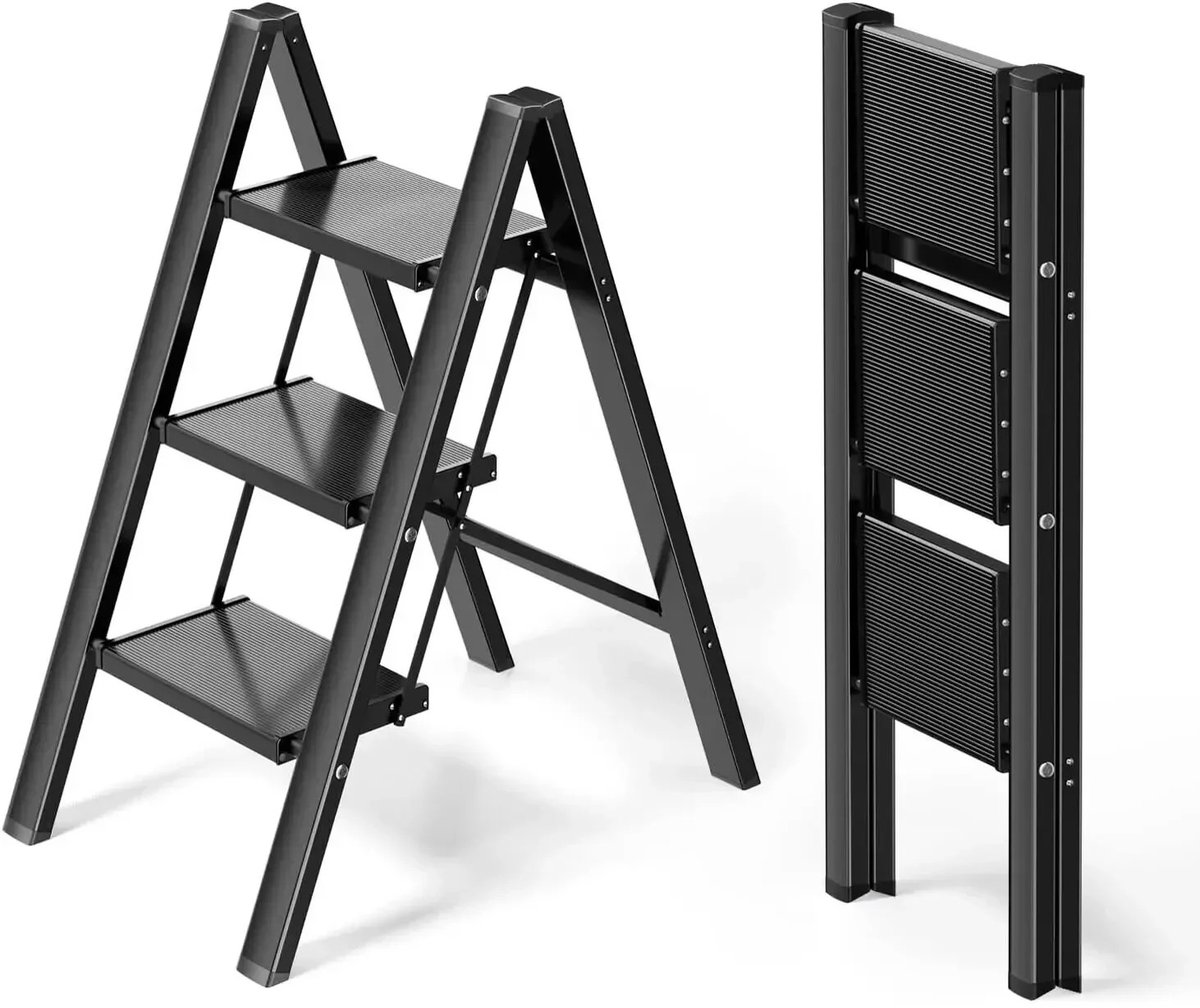 Sellino Ladder - Aluminium Opvouwbare Trapladder - Brede antisliptreden - Snel inklapbaar en ruimtebesparend - Zwart - Max. 150kg