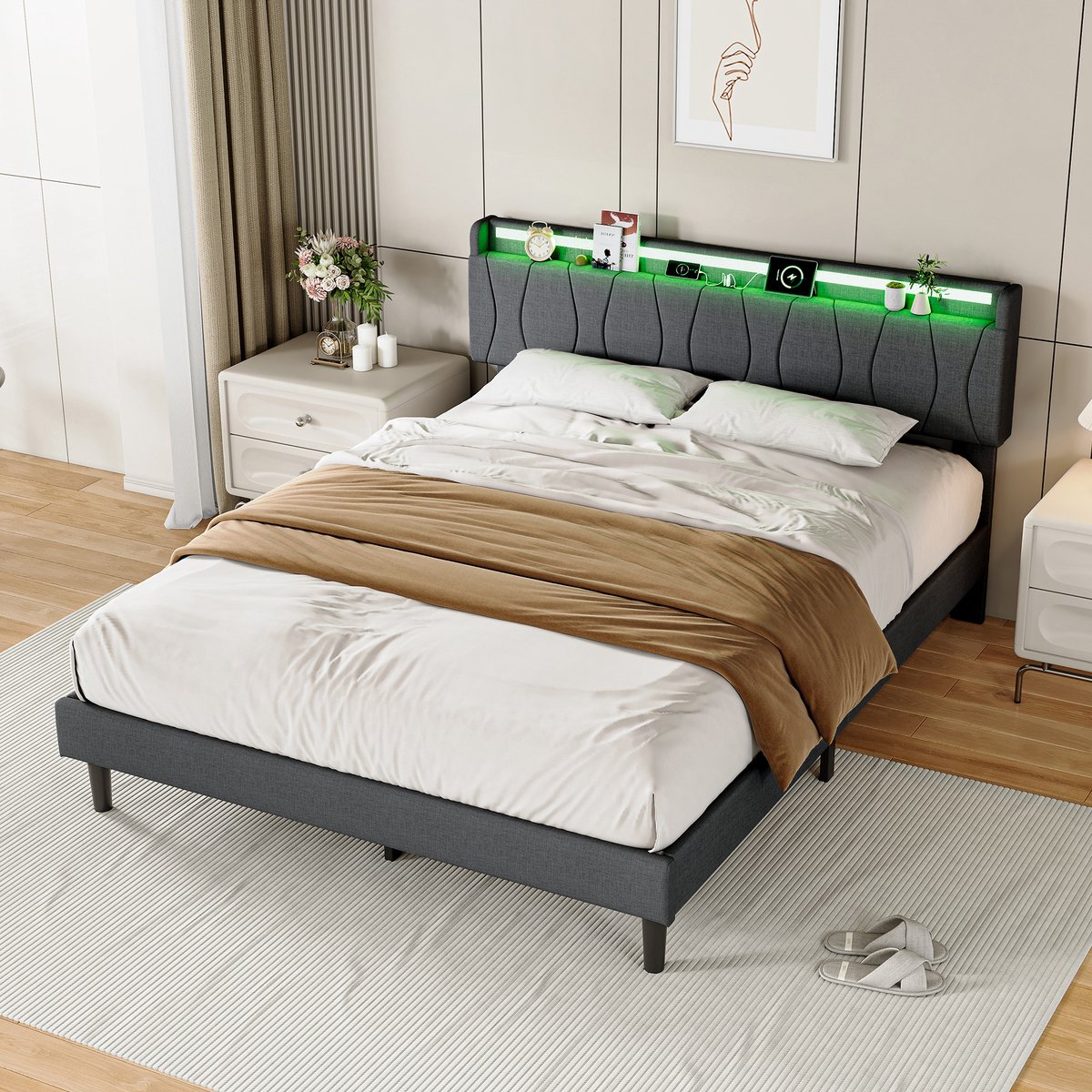 Tweepersoonsbed 140×200 cm, met opbergruimte in het hoofdeinde, gestoffeerd bed met led-lichtstrip en usb-oplaadpoort, bedframe met lattenbodem, linnen DonkerGrijs