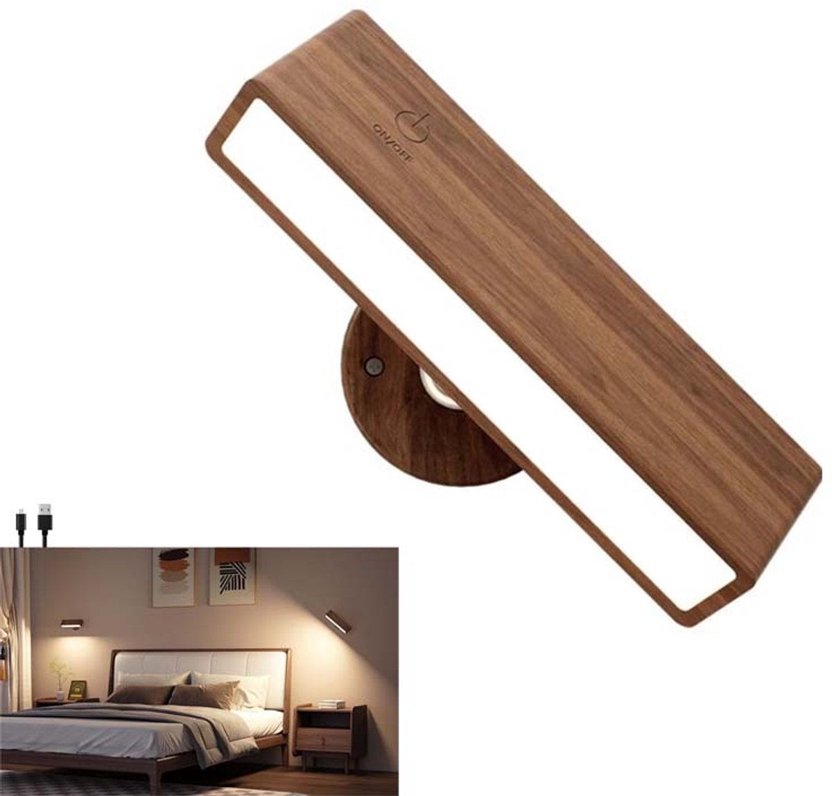 KZQ Wandlamp oplaadbaar - Draadloze LED wandlamp met 3 kleurtemperaturen en dimfunctie, 360° draaibaar - Voor nachtkastje, slaapkamer, gang, badkamer - 1 stuks-hout/wit