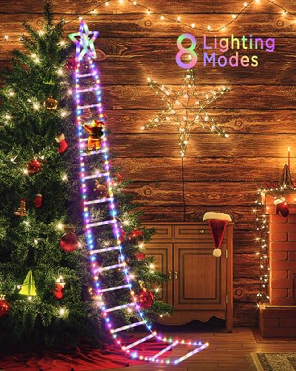 Kerstverlichting met Kerstman op ladder - 3,2 m 295 LEDs kerst lichtsnoer met 8 modi, USB aangedreven met afstandsbediening - LED klimmende Kerstman Kerstversiering voor buiten, binnen, raam, balkon, kerstboom decoratie – foto 6
