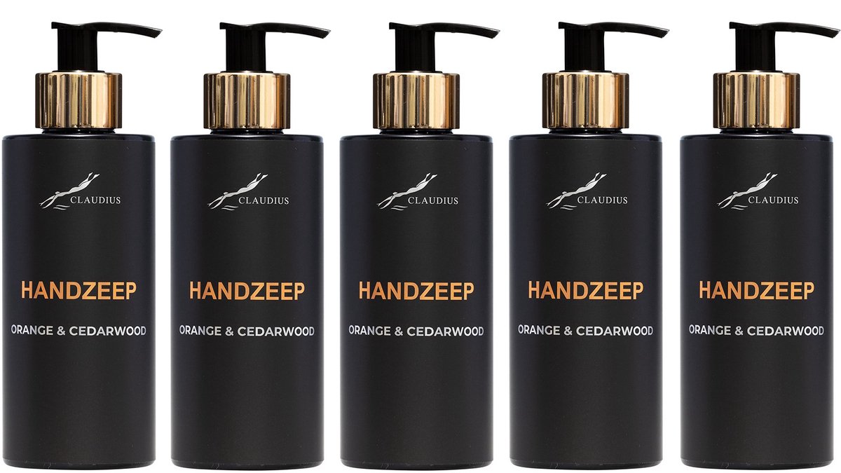 Handzeep Sweet Orange & Cedarwood 300 ml - met gouden pomp - zwarte fles - set van 5 stuks - Voordeelverpakking