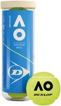 Dunlop Australian Open tennisballen in blauwe verpakking, met een losse gele tennisbal ervoor met AO- en Dunlop-logo.