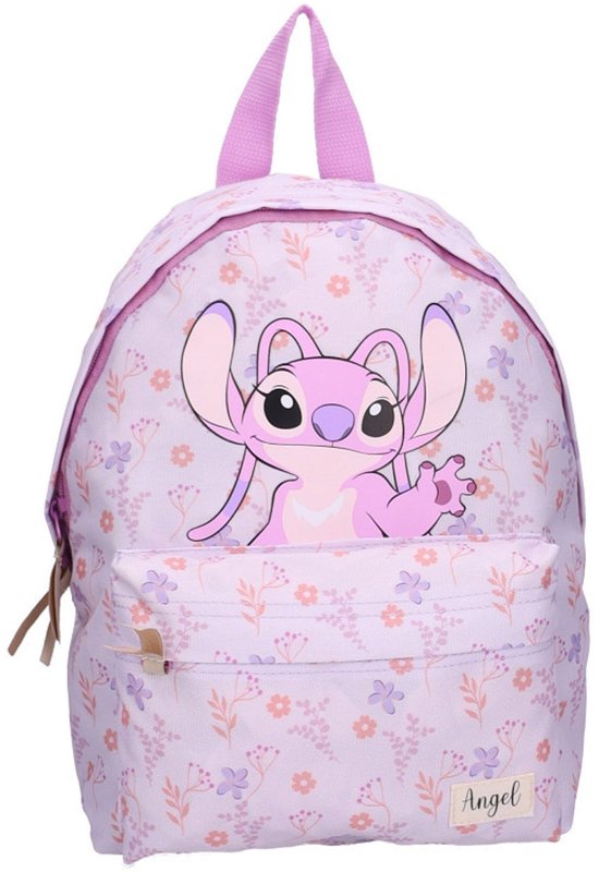 Lichtroze rugzak met een bloemenpatroon en Angel van Lilo & Stitch op de voorkant.