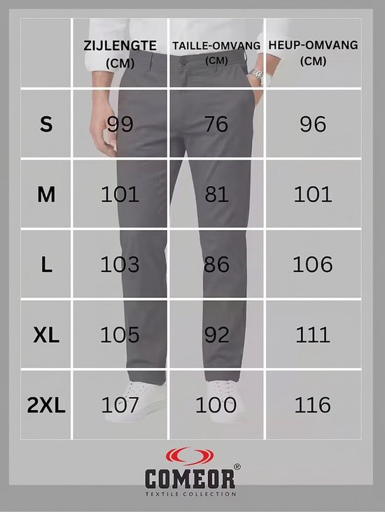 Maattabel met mannenbroeken in maat S tot 2XL in de kleuren grijs, met zijlengte, taille-omvang en heup-omvang.