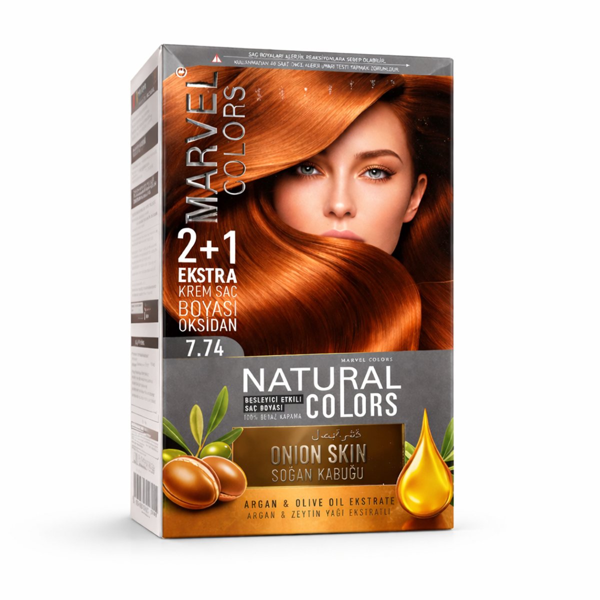 Marvel Natural Colors 7.74 Uienschil Kleur Permanente Crème Haarverf 2+1 Set – Met Arganolie en Olijfolie Extract, Intense Glans, 100% Grijsdekking