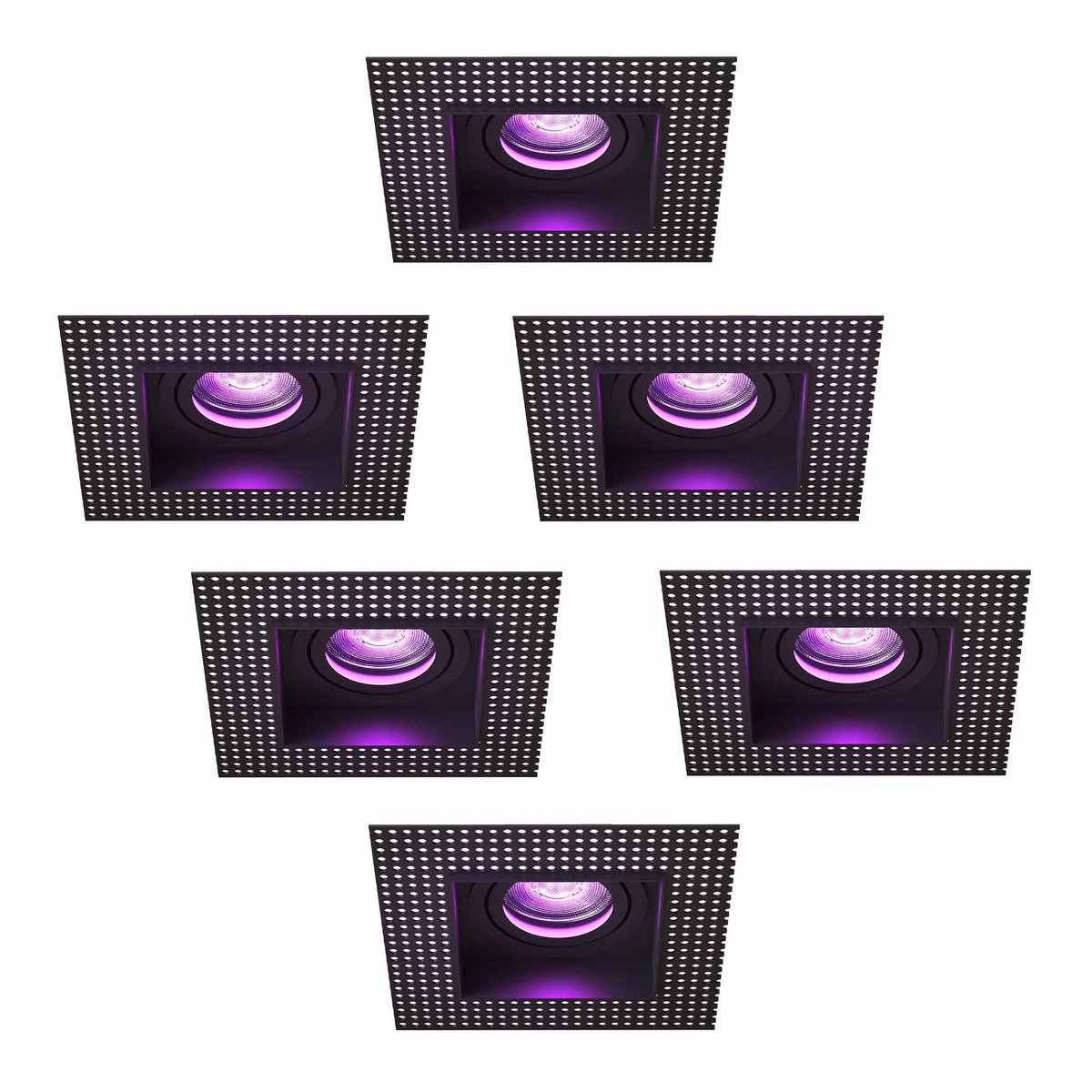 Ledvion – 6x Trimless Smart LED Inbouwspot Vierkant 130x130mm – Zwart – Dimbaar – Kantelbaar – GU10 – RGB+CCT – 4.9W – IP20