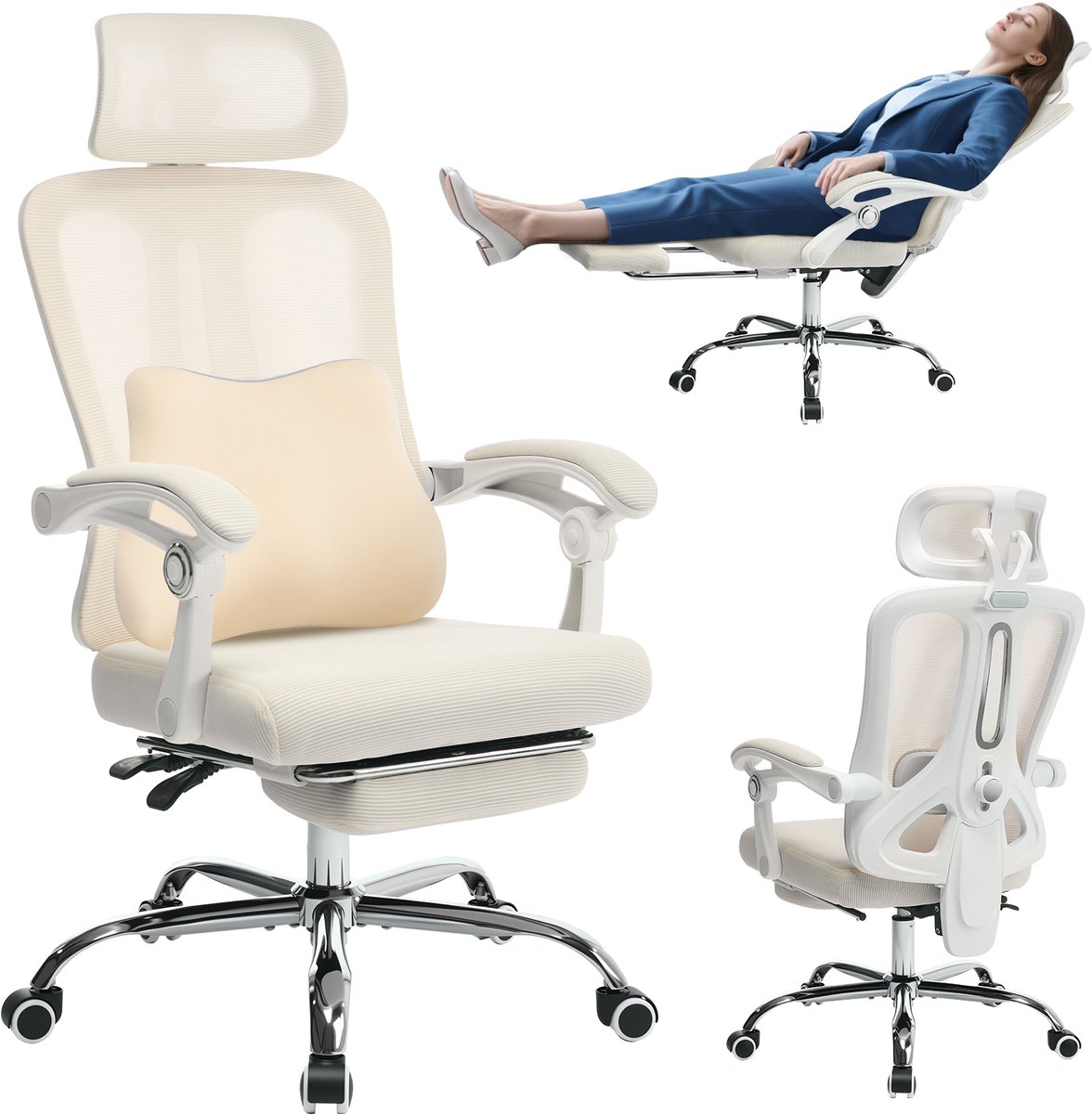Triumpunpre - Ergonomische Bureaustoel met Voetensteun - Ademend Mesh Stoel - Verstelbare Hoofdsteun en Lendensteun - Kantel‑ en Draaistoel - Beige Gaas | Wit Frame | Gegalvaniseerde Voetjes
