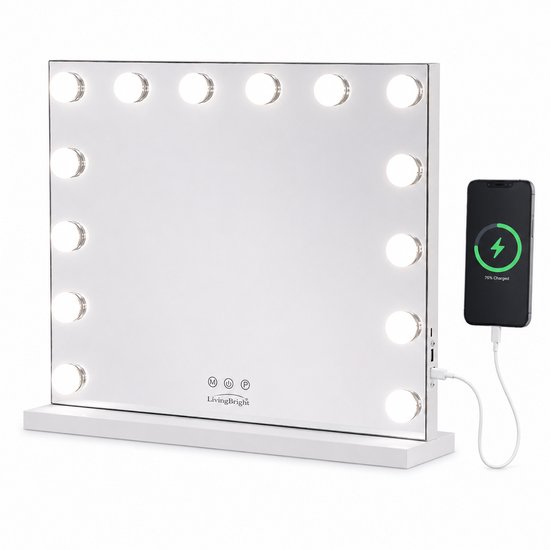 Wit make-up spiegel met 12 LED lampen en witte voet. Telefoon laadt op via USB.