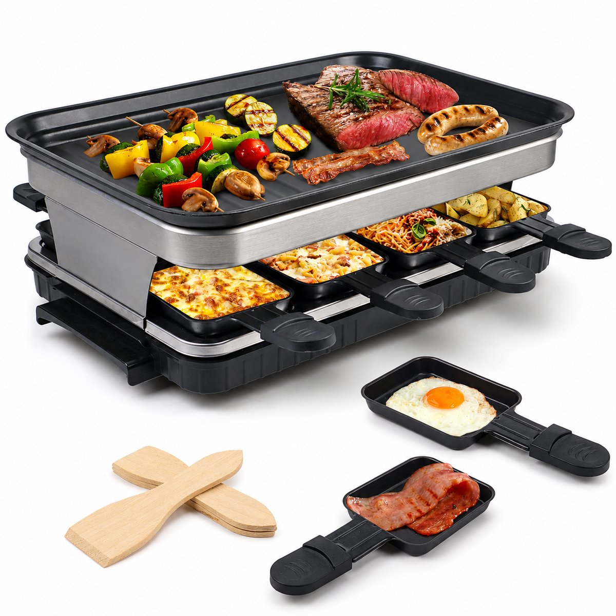 Raclette Gourmetstel 8 Personen – 1500W – Regelbare Thermostaat – 8 Pannetjes – Antiaanbak Grillplaat