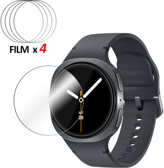 Vier transparante schermbeschermers en een donkergrijze smartwatch. Tekst 'FILM x4'.