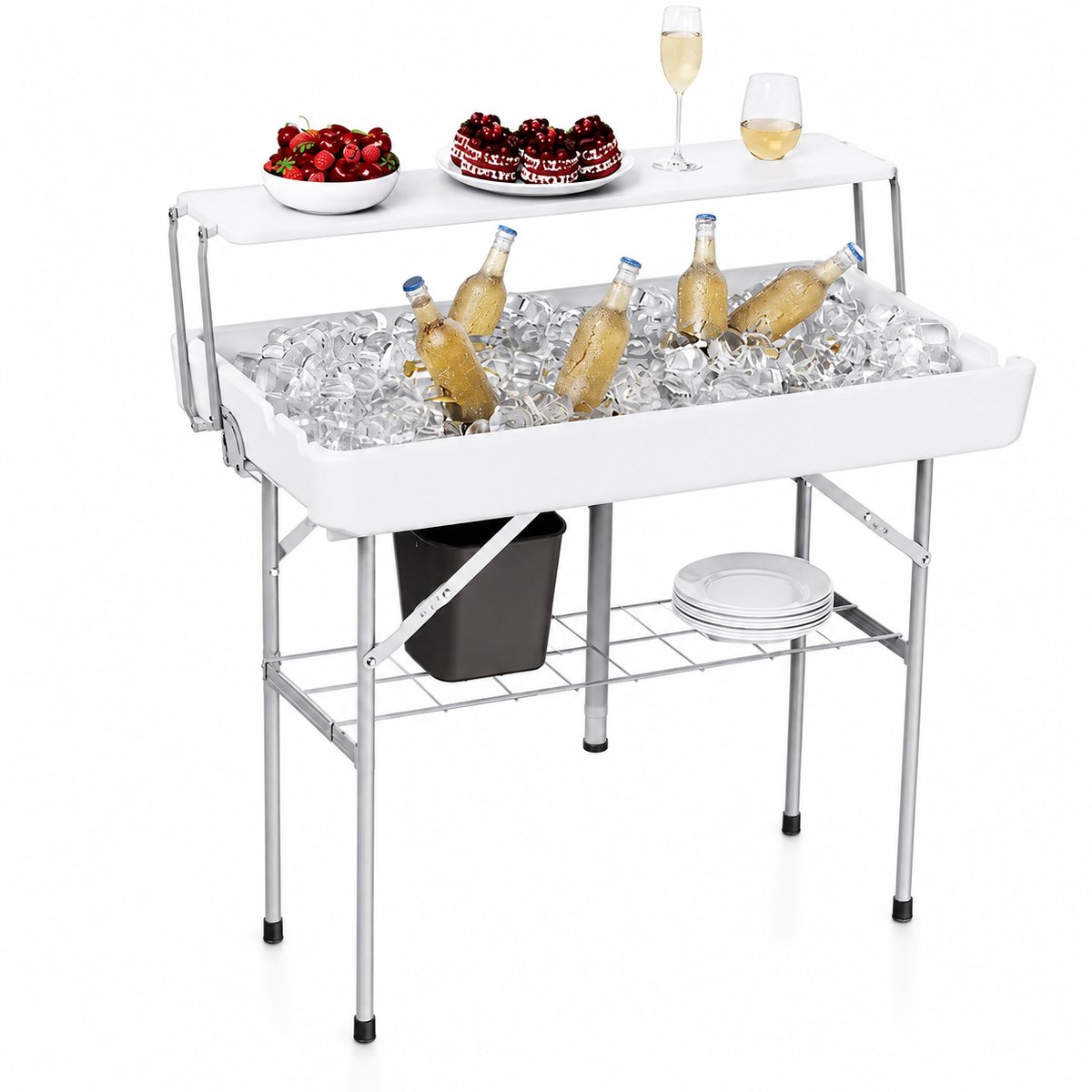 Vurnomi Koeltafel - Tuintafel - Partybar -Drankkoeler - Koelbox - Coolbar - Biertafel - Tafelrok - 103 x 56 x 82 - Lichtgrijs