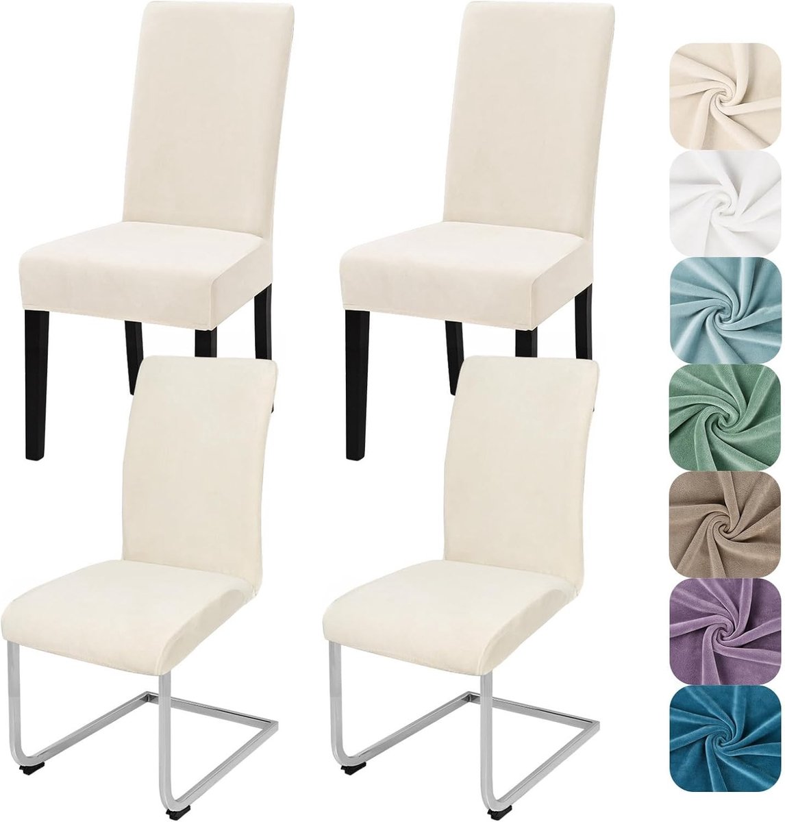 Stretch Samt Stoelhoezen Set van 4 Stuks - Elastische Velours Bescherming voor Keuken, Restaurant en Bruiloft - Wasbare Stoelhoezen in Beige