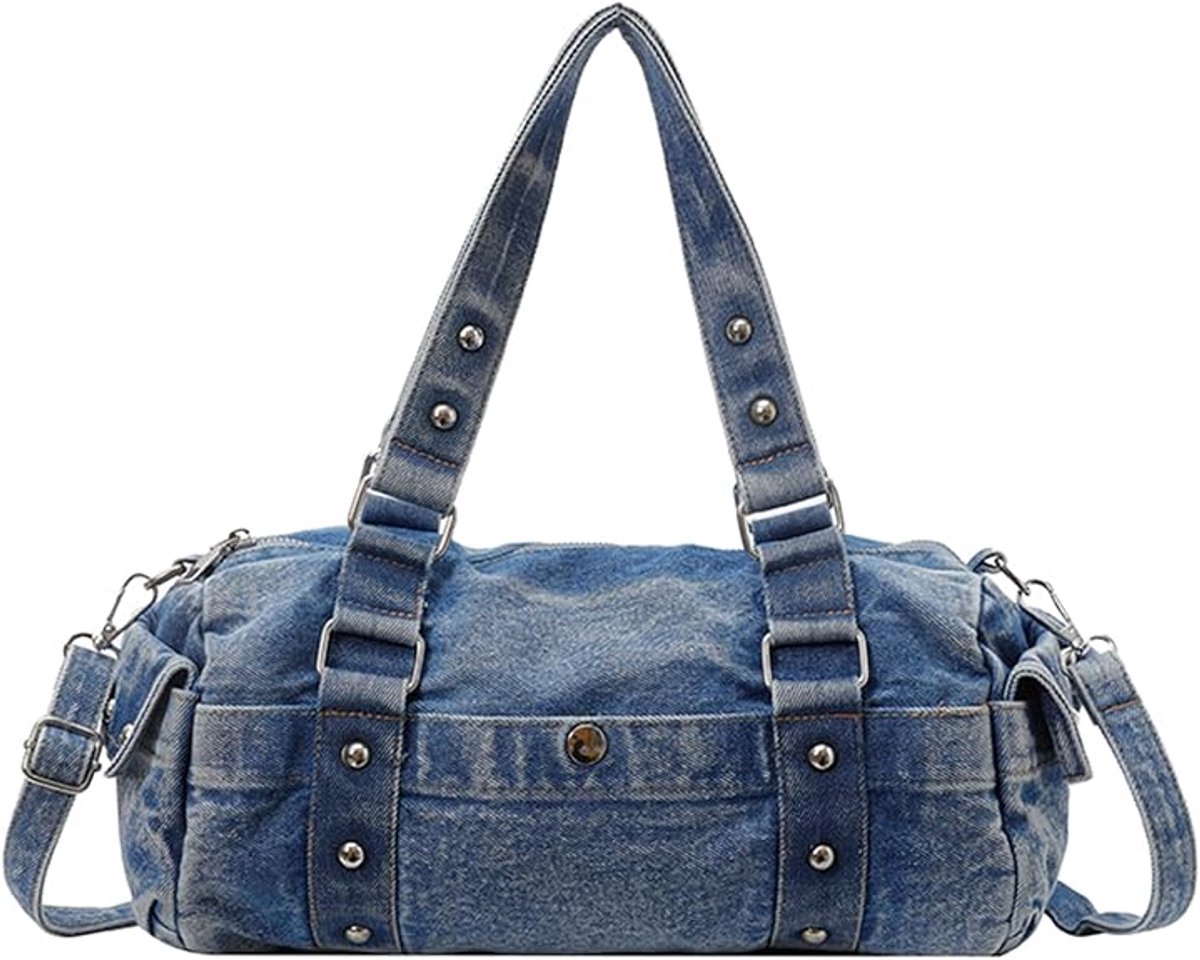 KZQ Denim crossbodytas met studs, 2-in-1 model – Meerdere compartimenten, lichtgewicht, verstelbare schouderband (dames)