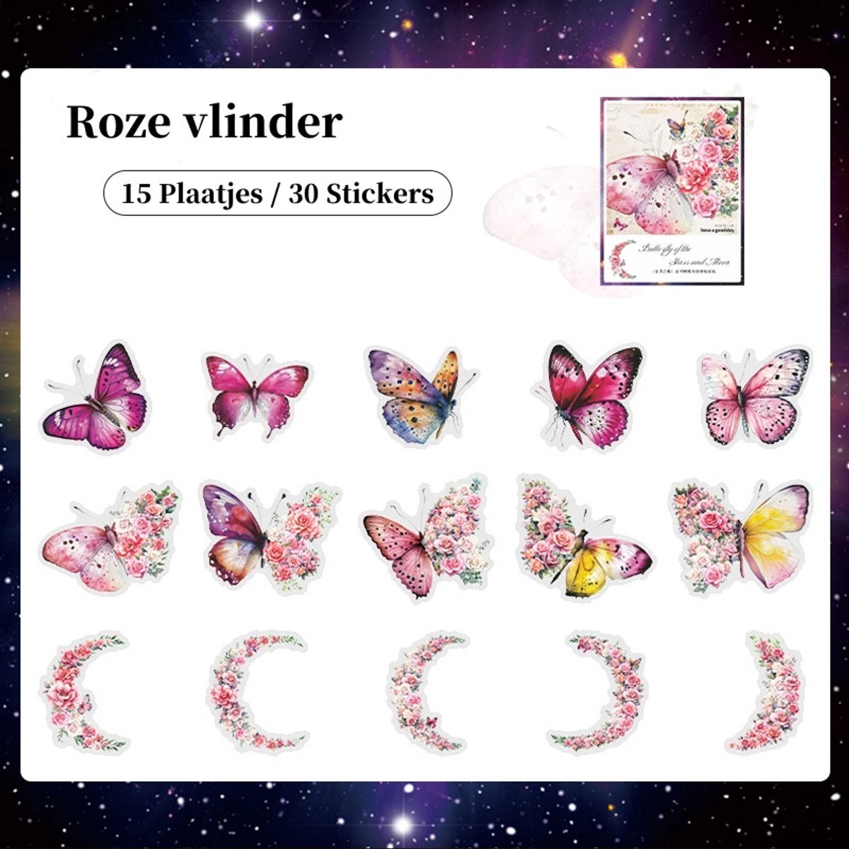 Casalora Vlinder Stickers – 30 Stuks (15 Designs) – DIY Decoratieve Sticker Set – Voor Scrapbook, Planner, Dagboek & Album – Roze Vlinder