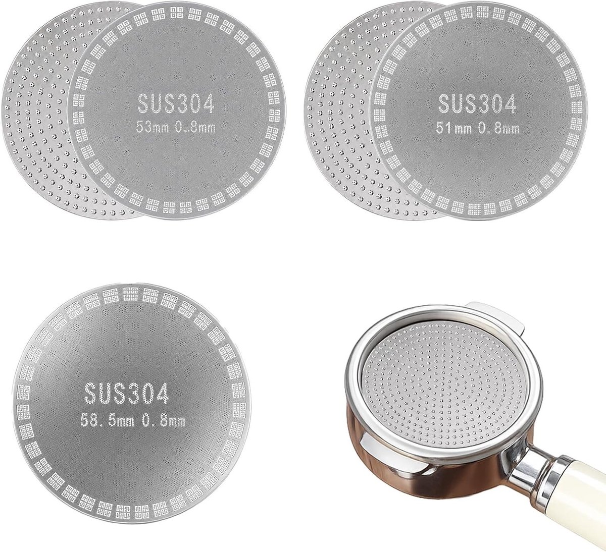 Herbruikbare espresso filterset van 5 stuks, 51 mm en 53 mm, RVS 304, ideaal voor koffiezetapparaten, duurzaam en eenvoudig in gebruik