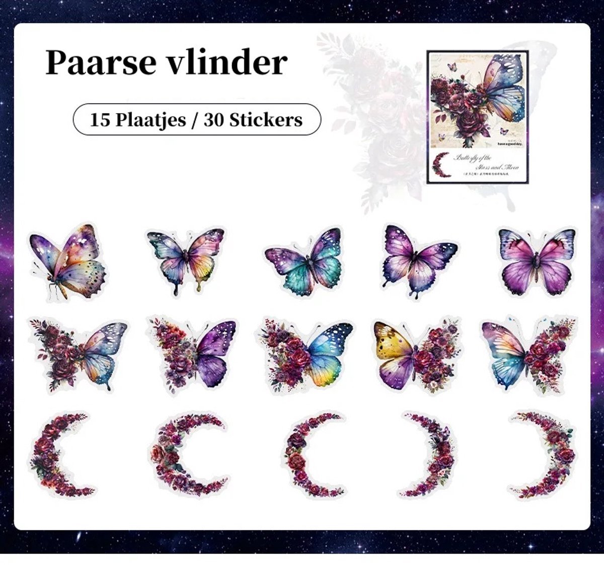Casalora Vlinder Stickers – 30 Stuks (15 Designs) – DIY Decoratieve Sticker Set – Voor Scrapbook, Planner, Dagboek & Album – Paarse Vlinder