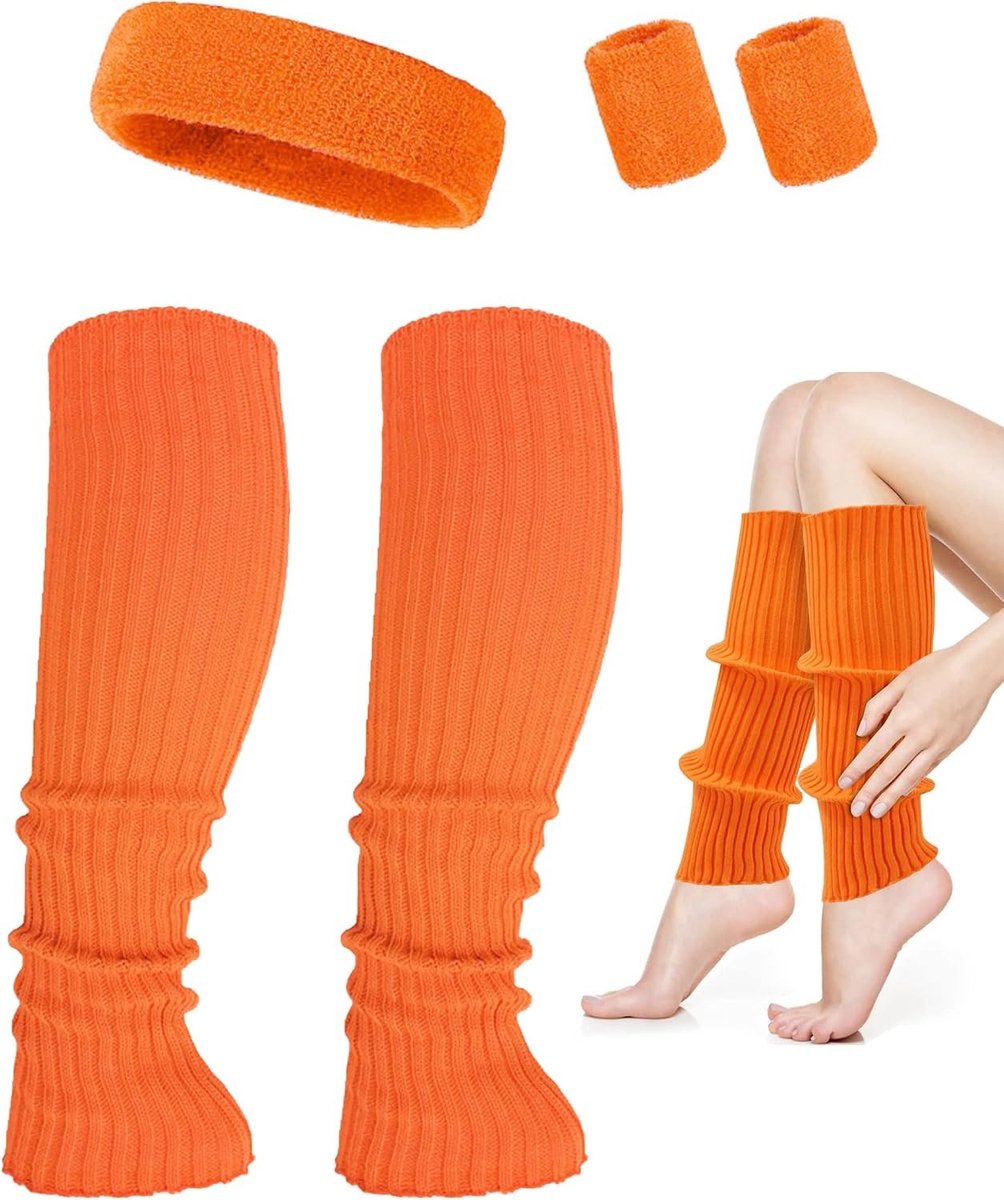 Neon Armbanden en Beinstulpen voor een 80er jaren Kostuum, Retro Party Accessoires in Oranje Kleur, One Size voor Dames