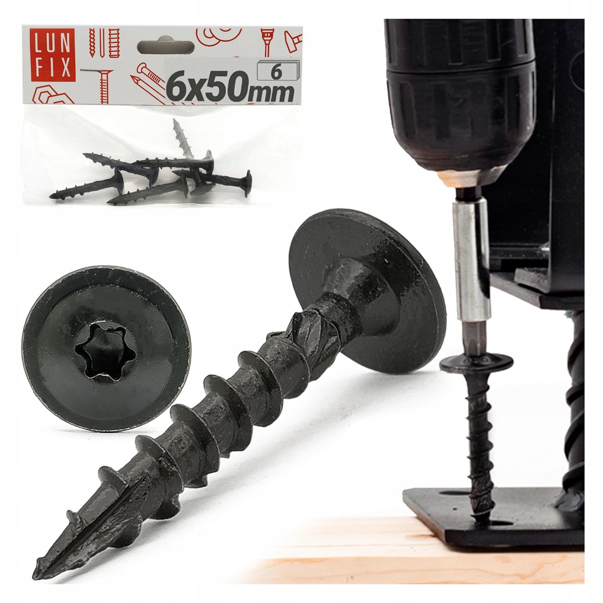Zwarte Houtschroeven 6x50mm TORX met Platte Kop - 6 Stuks
