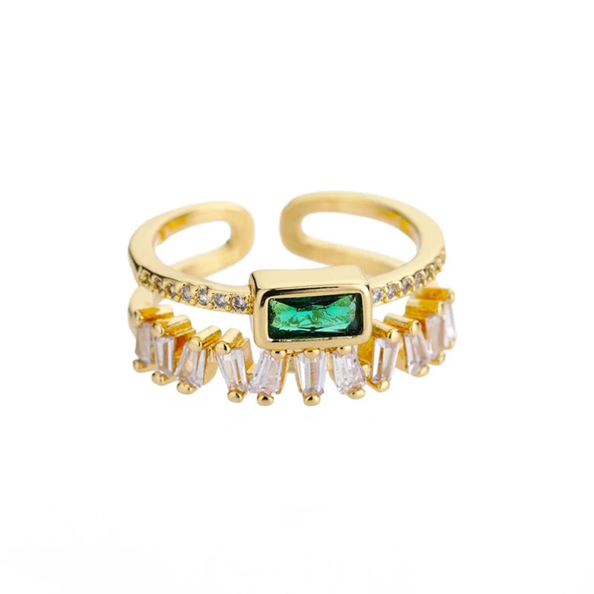 Matthew Studio® Dames Ring - Goudkleurig - Verstelbare Ring - Groene Zirkonia - Dubbele Ring - RVS