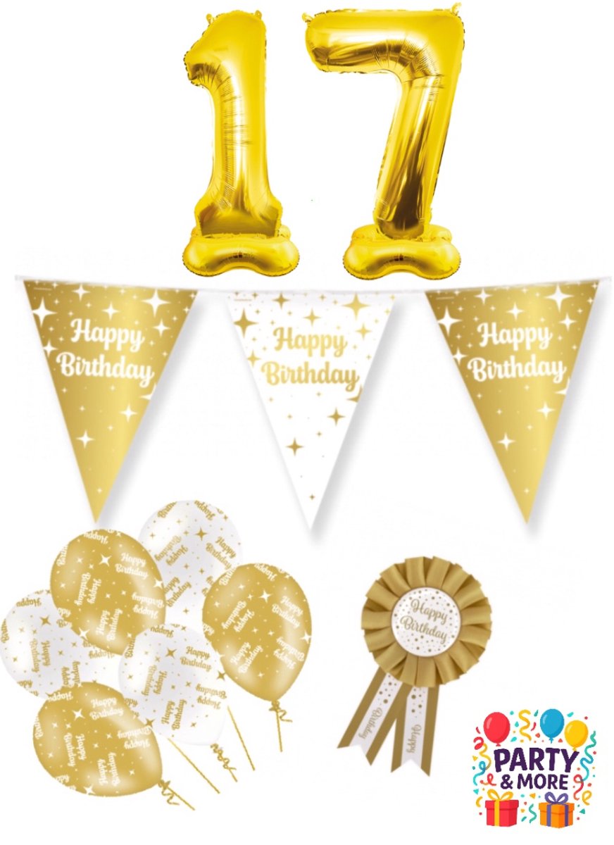 Party & More - 17 jaar - verjaardag versiering - ballonnen - slinger - cijferballon - Luxe Gouden Feestdecoratie Set – Compleet Pakket – versiering - verjaardag