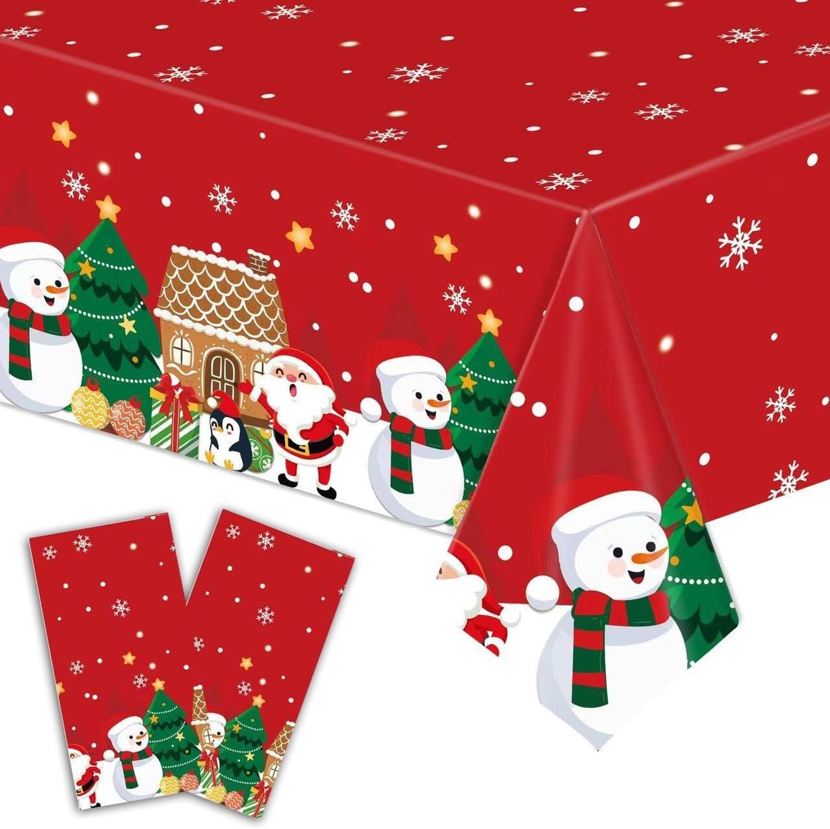 Set van 2 Rode Kersttafelkleedjes voor Feestelijke Tafeldecoratie met Kerstboom, Sneeuwvlokken en Kerstman Patroon, Perfect voor Kerstfeest en Eten met Familie