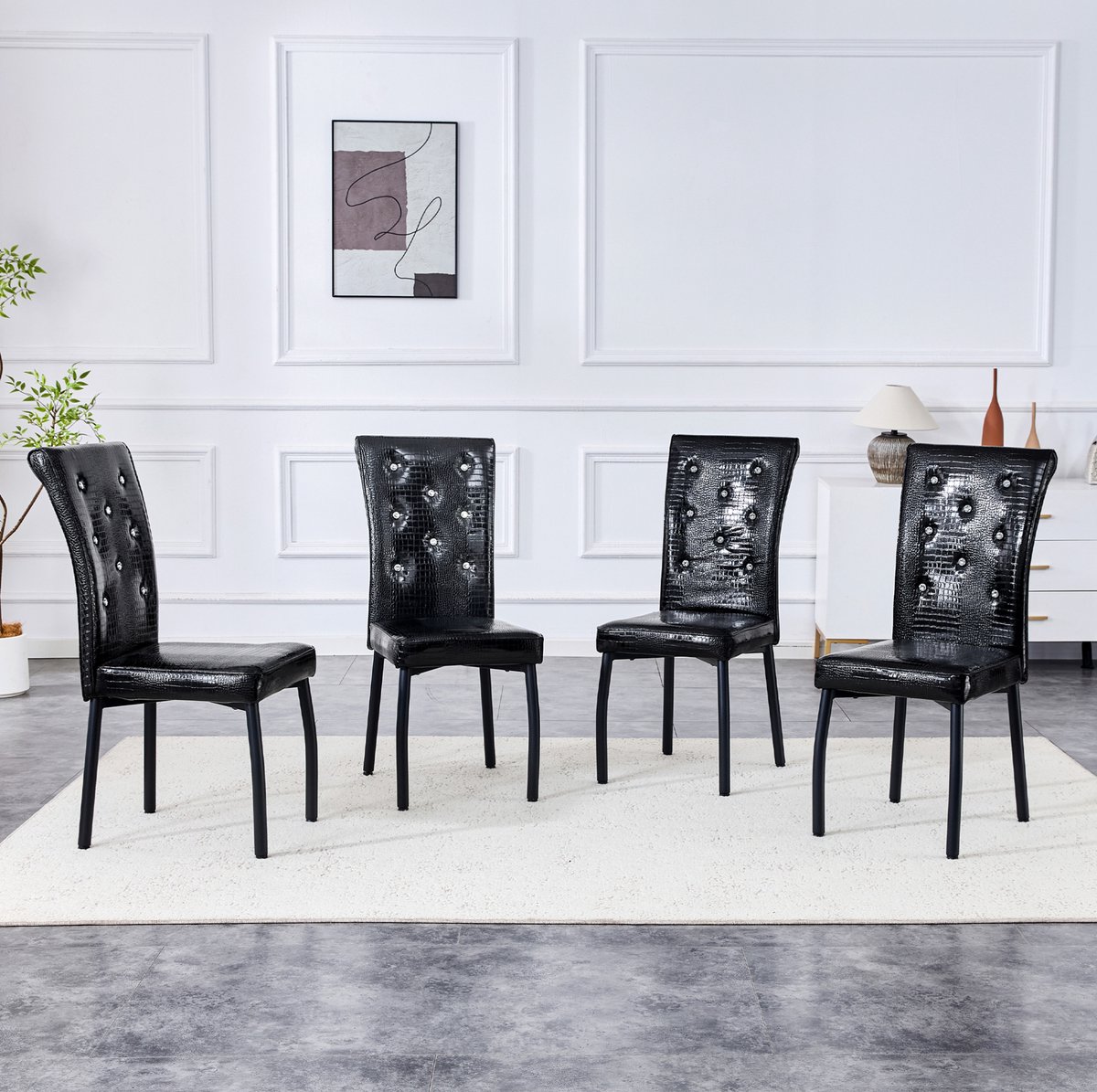 DESMIU Eetkamerstoel Set van 4 - Retro Vintage - Krokodillenprint Met Knopen - Voor Eetkamer, Keuken En Bar - Kunstleer En Metaal - Zwart