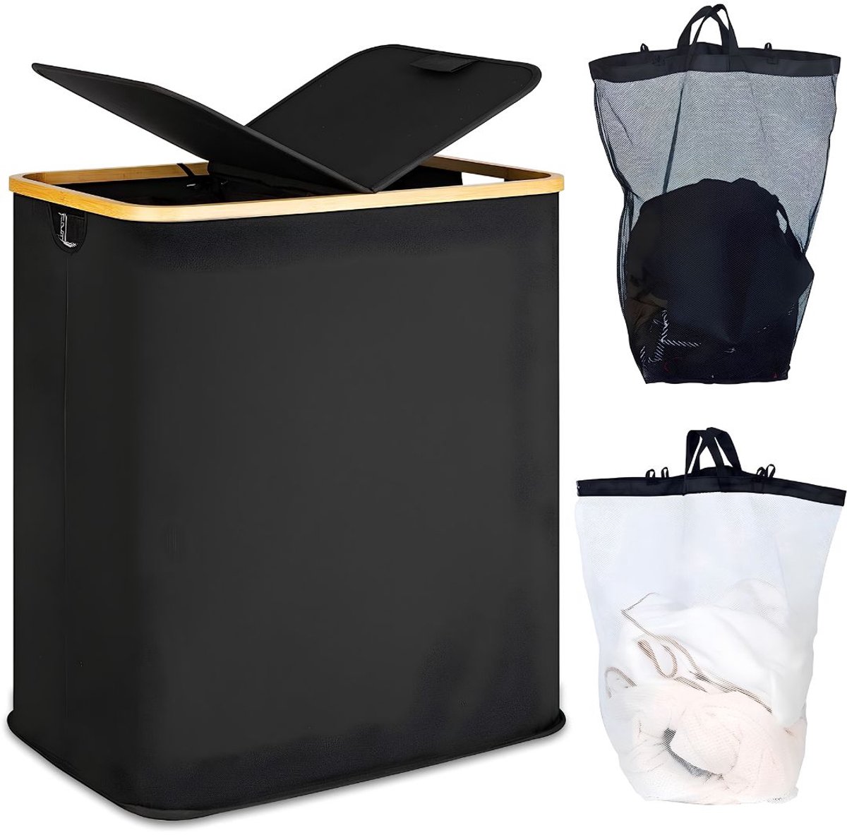 TYR® Wasmand - 140L - Wasmanden - Wasmand 2 Vakken - Zwart - 57cm x 37cm x 66cm