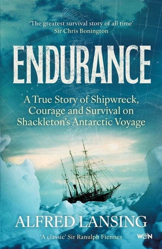 Boekomslag van 'Endurance: A True Story of Shipwreck, Courage and Survival on Shackleton's Antarctic Voyage'. Een zeilschip vaart door ijzig water, omringd door ijsbergen.