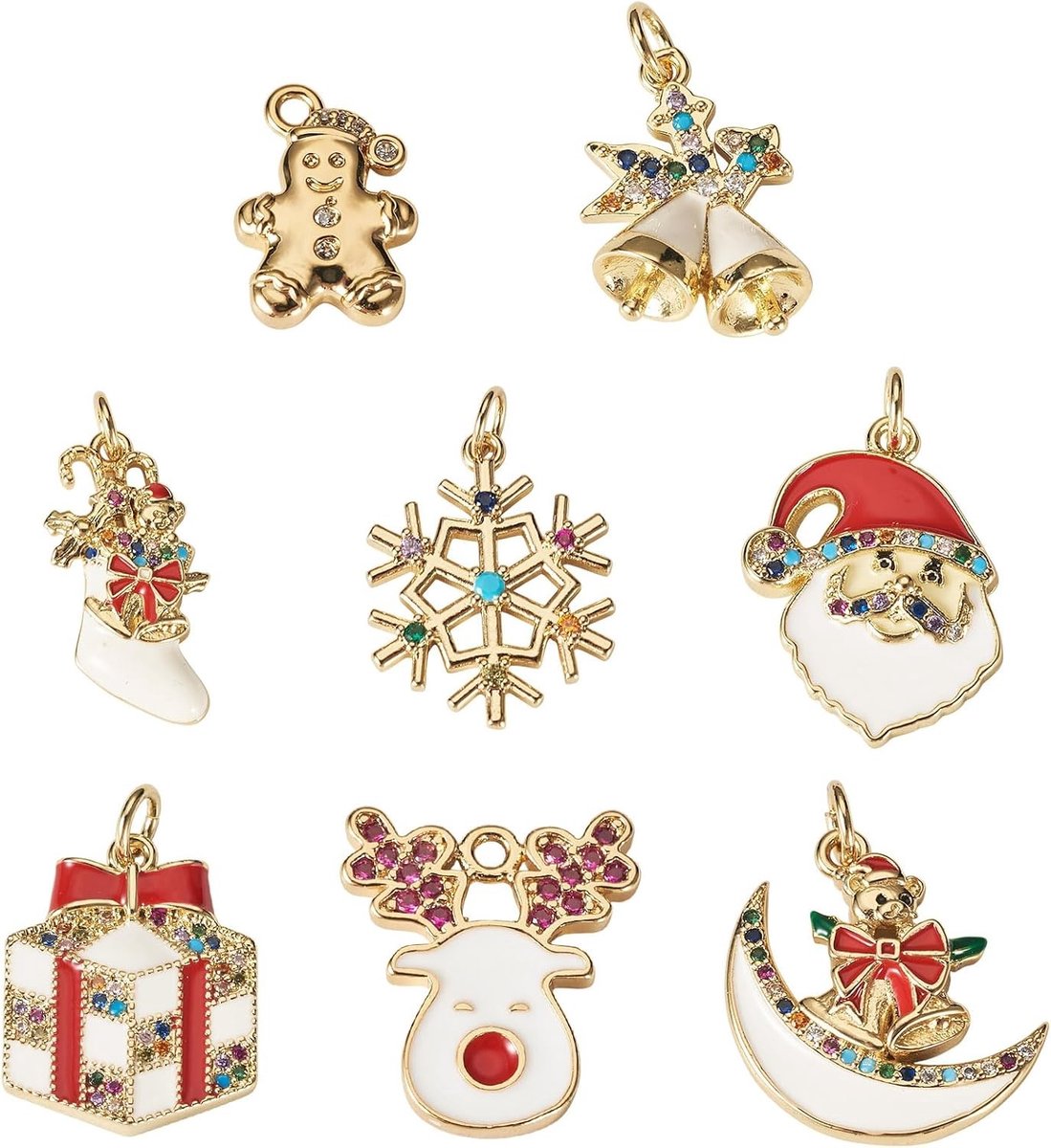 8 Stuks Kerst Hangers met Zirconia en Emaille voor DIY Sieraden Maken - Gouden Bel, Sneeuwvlok en Kerstman Charms met Jump Ring