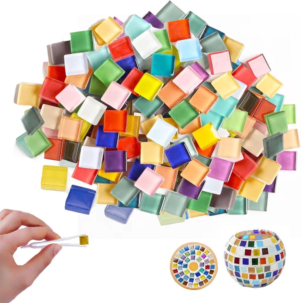 Glazen mozaïektegels voor creatieve projecten, 1 kg, 1 x 1 x 0,3 cm, vierkante mini mozaïektegels in kleurmix voor DIY en bloempotten