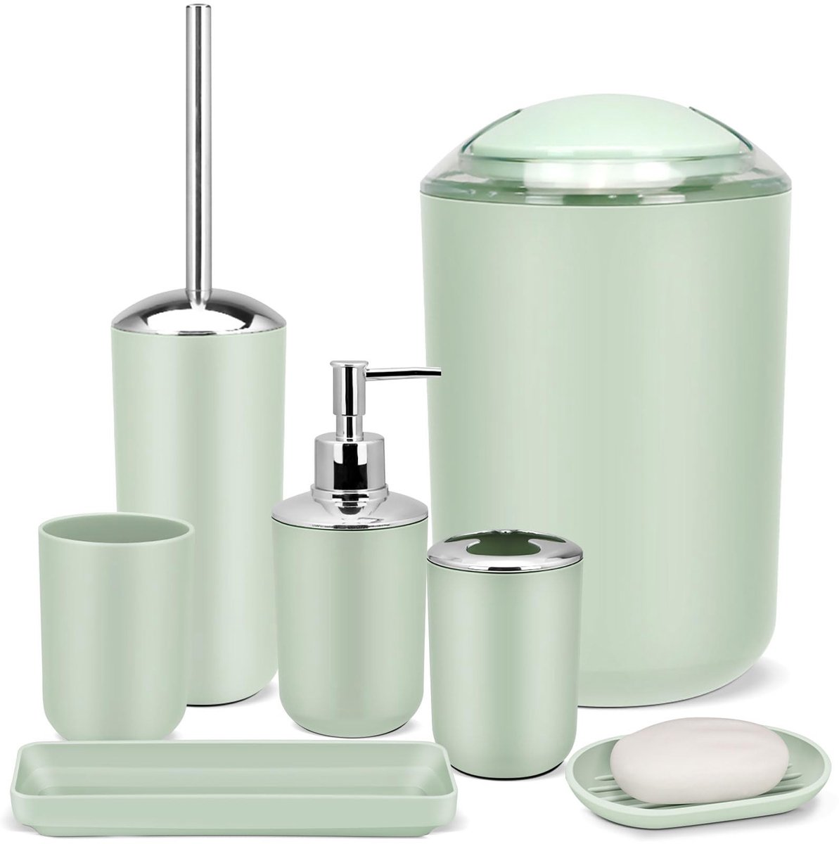 Elzusha - 7-delige Groene Badkamer Accessoire Set met Toiletborstel en Prullenbak