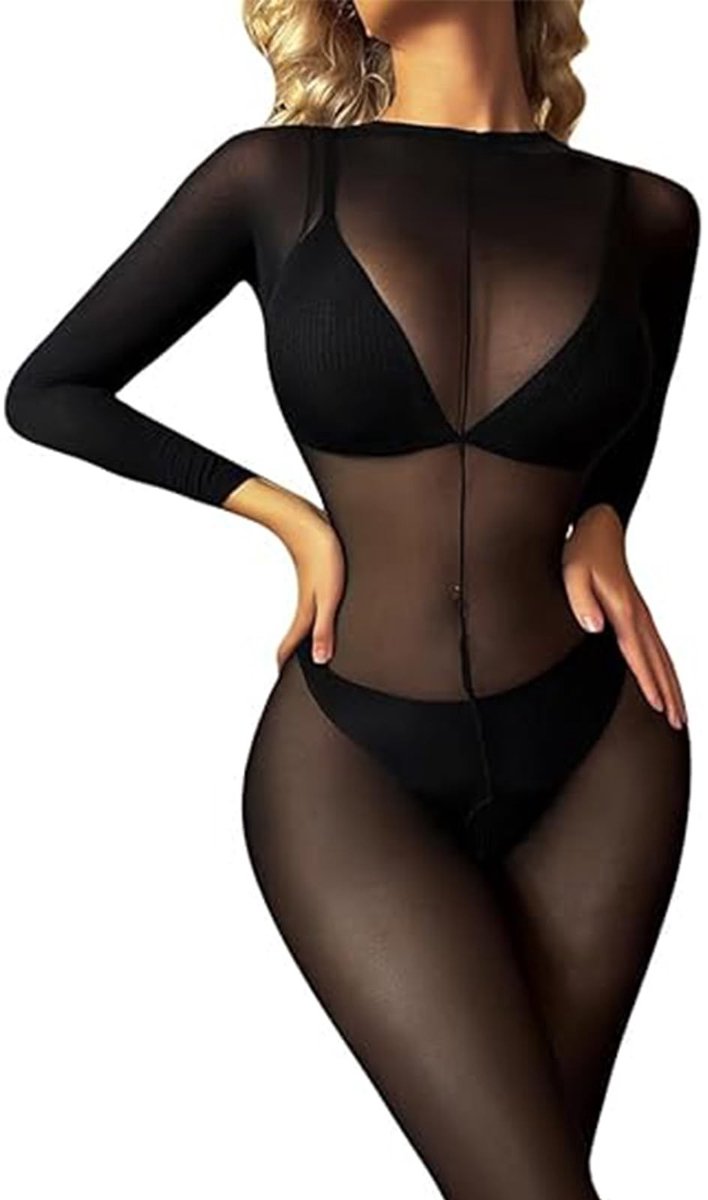 Elzusha - Bodystocking voor Dames - Transparant met Open Kruis - Lange Mouwen - Zwart