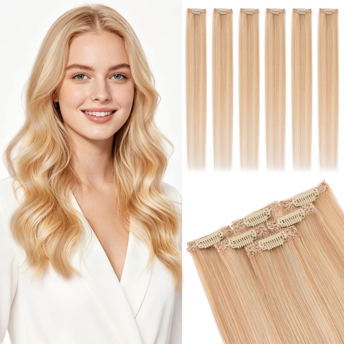 Elzusha - Clip-In Echt Haarextensions - 6 Stukken - 25 cm - Goudblond/ Lichtblond