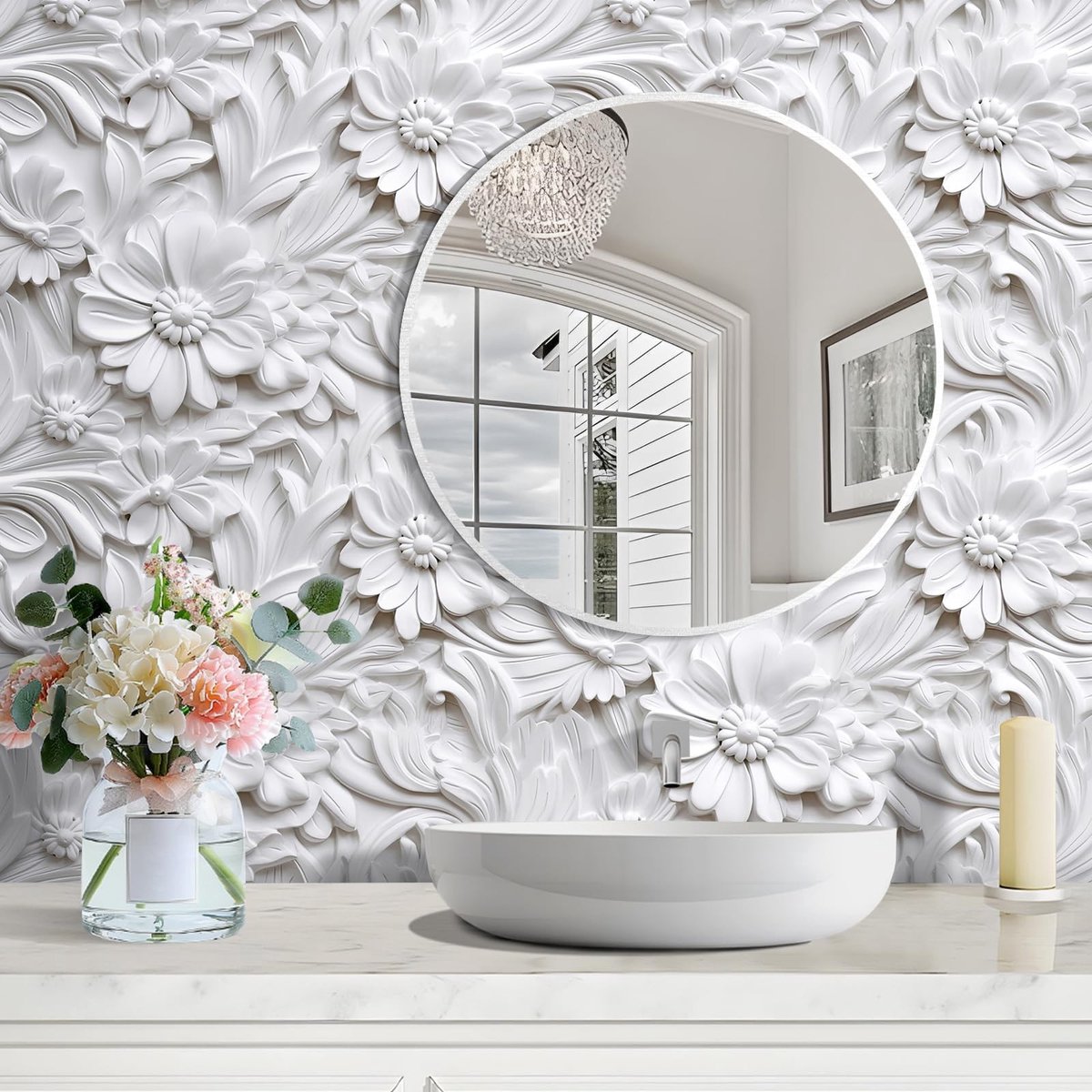 Elzusha - Wit Zelfklevend Behang met 3D Bloemenpatroon