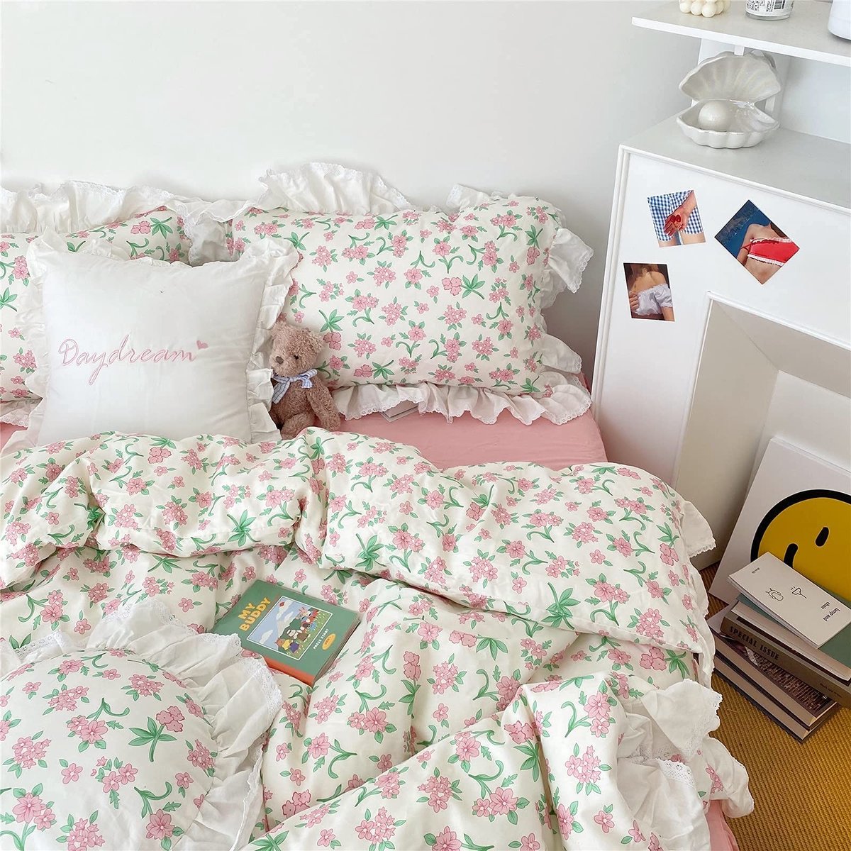 Elzusha - Roze Bloemen Dekbedovertrek Set met Rimpel Lace