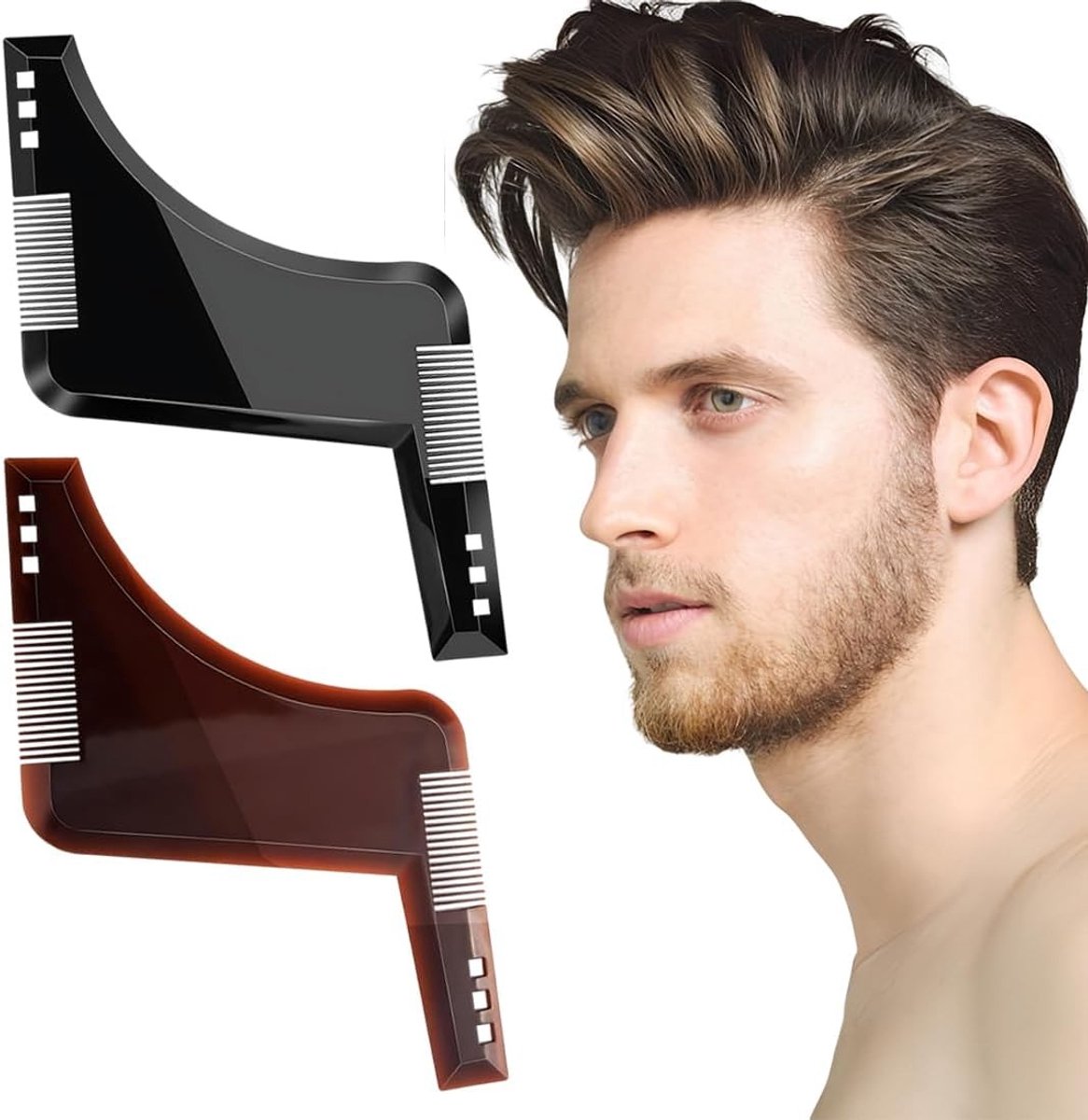 Set van 2 Baard Sjablonen voor Mannelijke Baardverzorging, Inclusief Styling Kam en Geschikt voor Kinderen, Zijkanten en Nekbaard, Koffiebruin en Zwart