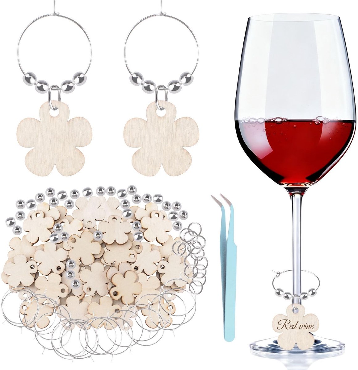 Elzusha - 50 Stuks Houten Wijn Glas Charms - Bloemvormige Drinkmarkers voor Feestjes en Bruiloften