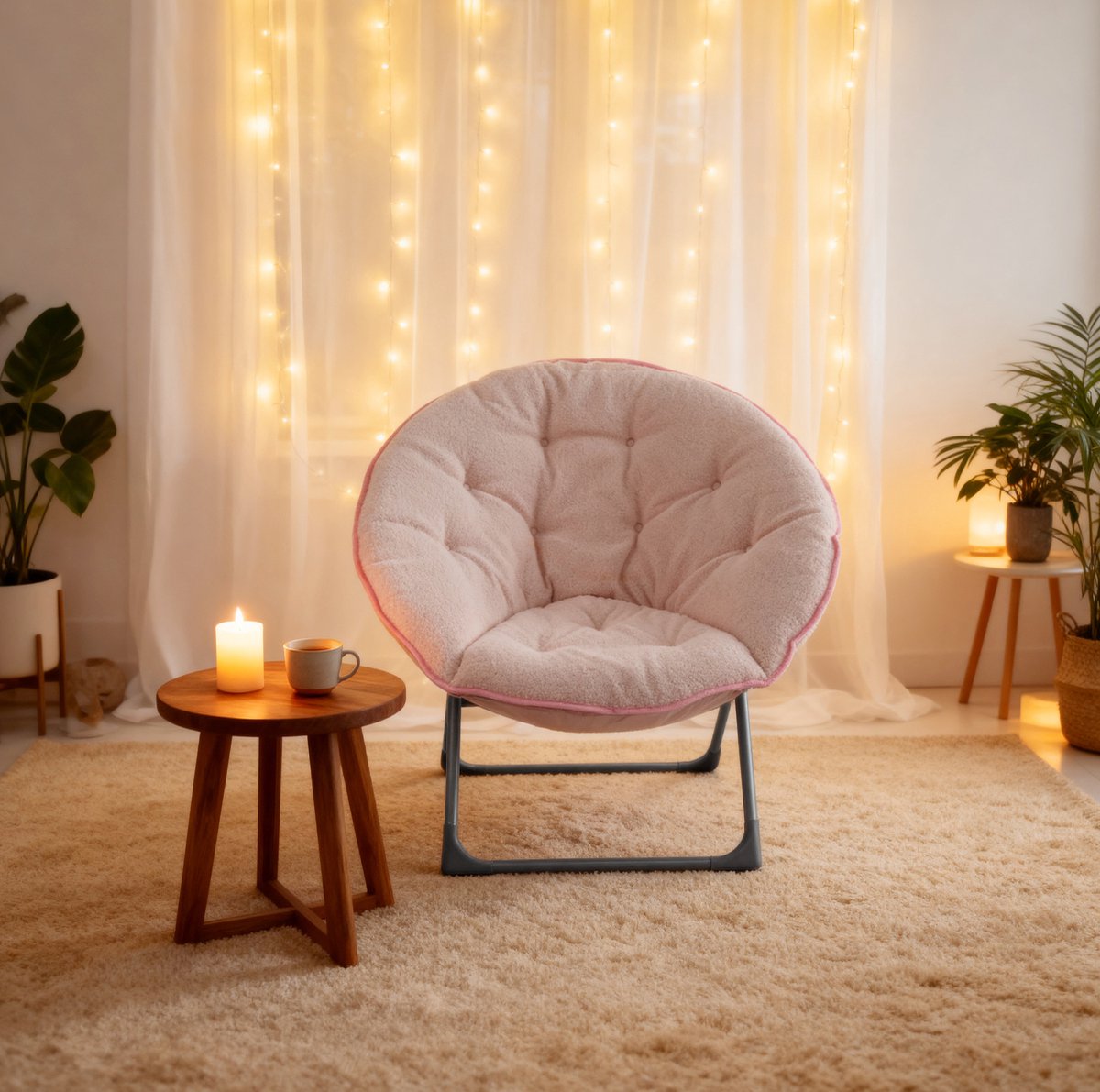 Wishdor Inklapstoel - Zachte schapenwollen zitting - Hoge rugleuning - Opvouwbaar metalen frame - Voor slaapkamer woonkamer werkkamer tuin - Roze - 53 x 58 x 85 cm