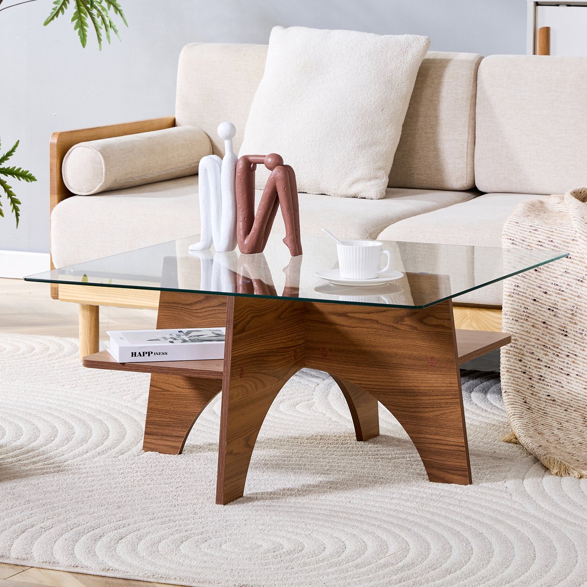 OKWISH Salontafel - Vierkant Veiligheidsglas Met Opbergvak - Modern Minimalistisch Design - Walnootkleur MDF - 80 X 80 X 40 Cm