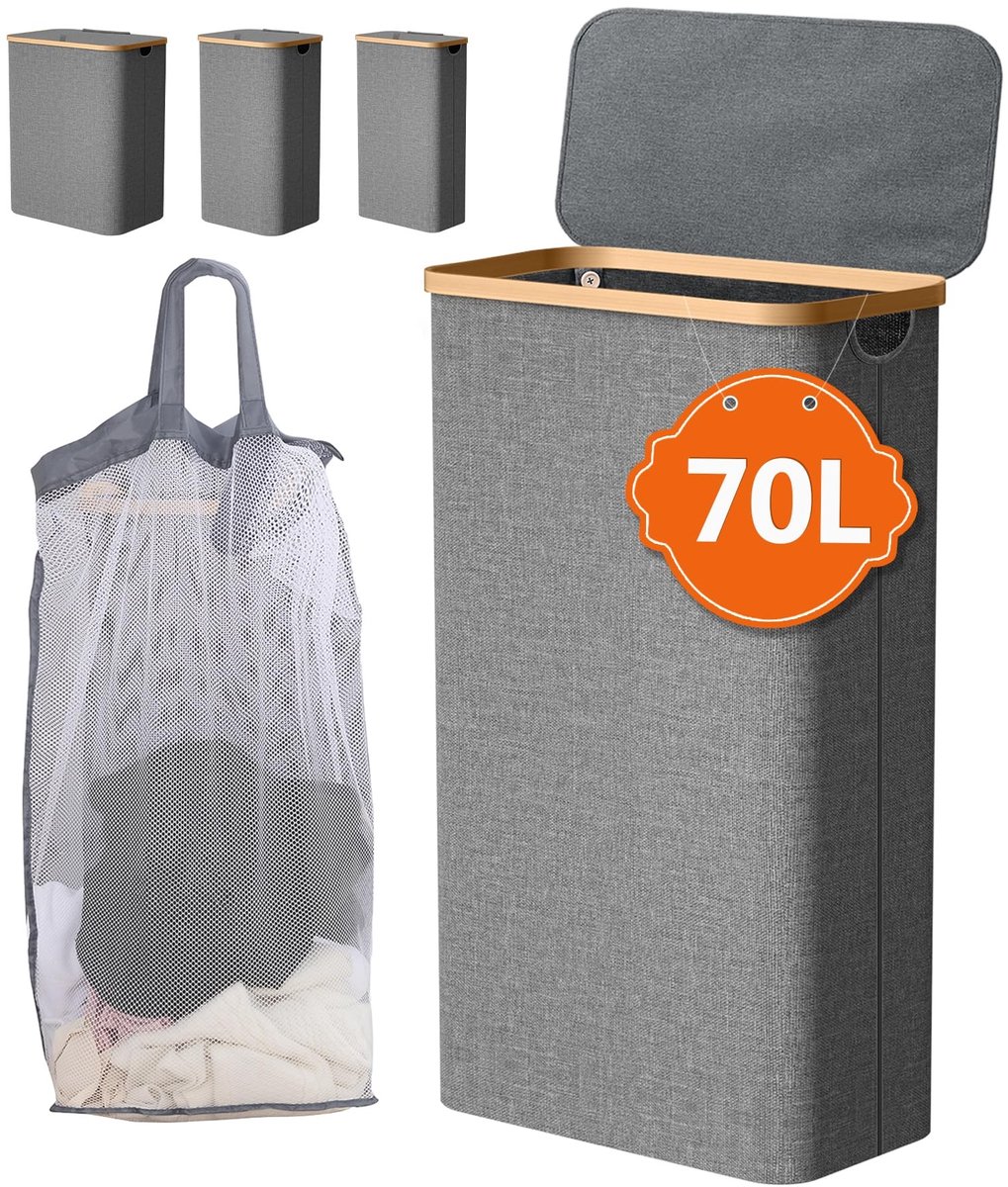 Elzusha - Smalle Wasmand met Deksel en Bamboo Handvat (70L)