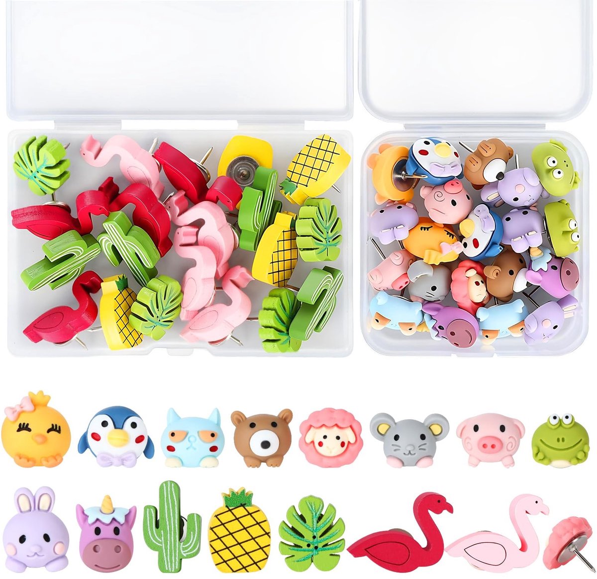 Elzusha - Set van 40 Schattige Dieren Prikbordspelden met 2 Opbergdozen