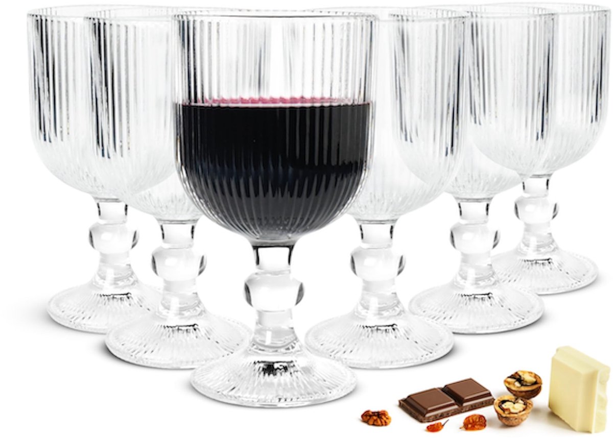 Elzusha - Set van 6 Geribbelde Wijnglazen - 370 ml - Vaatwasmachinebestendig