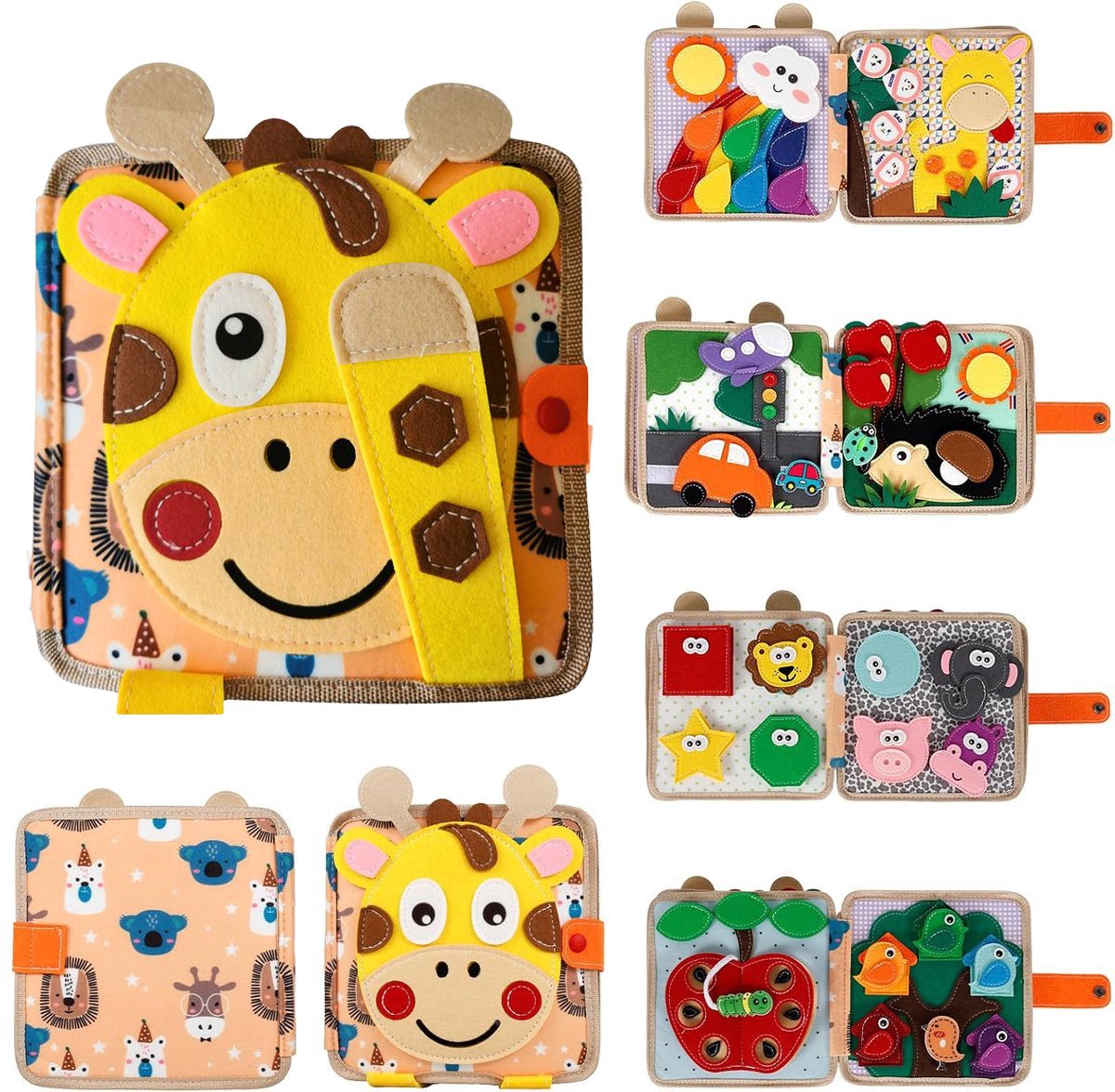 Montessori Activiteitenboek - Quiet Book Peuter - Vilten Speelboek - Fijne Motoriek Speelgoed - Reisspeelgoed voor Kinderen - Giraffe - 20 x 20 cm