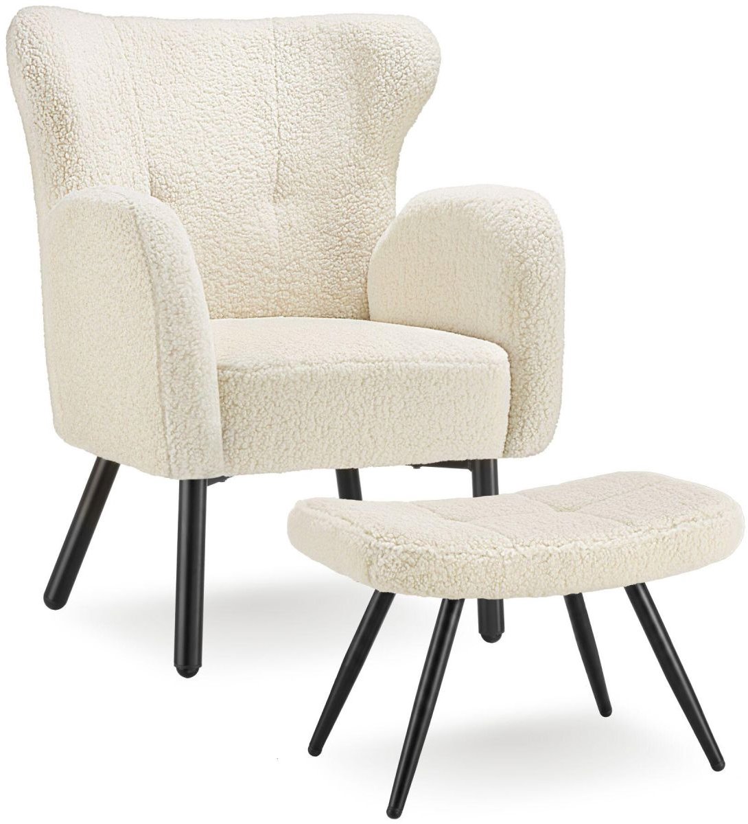 tectake® Fauteuil met Voetenbank – Bouclé Loungefauteuil met Dikke Vulling – Comfortabele Relaxstoel voor Woonkamer en Slaapkamer – Crème/Zwart