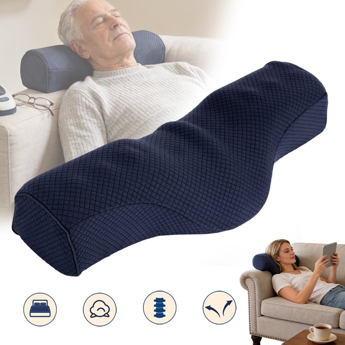 Blauw Neksteunkussen - Traagschuim Met Langzame Terugvering Ergonomisch Nek- En Beenkussen Ademend Mesh Afneembare En Wasbare Hoes Met Ritssluiting - Voor Slapen Op De Bank En in De Studentenkamer - 45 cm