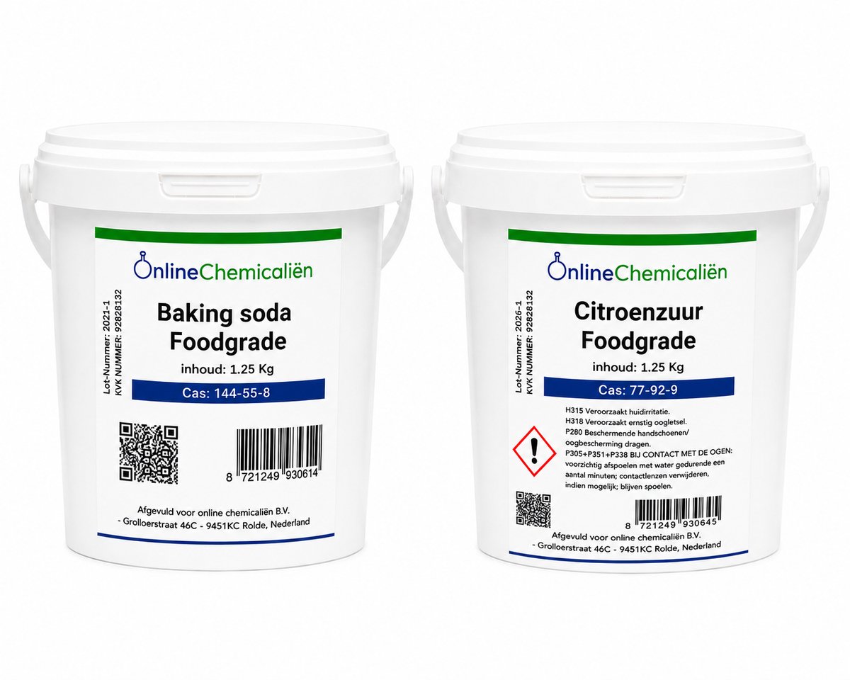Online chemicalien - Baking Soda Foodgrade & Citroenzuur Foodgrade - 2 x 1.25 kg - Voor Bakken En Koken