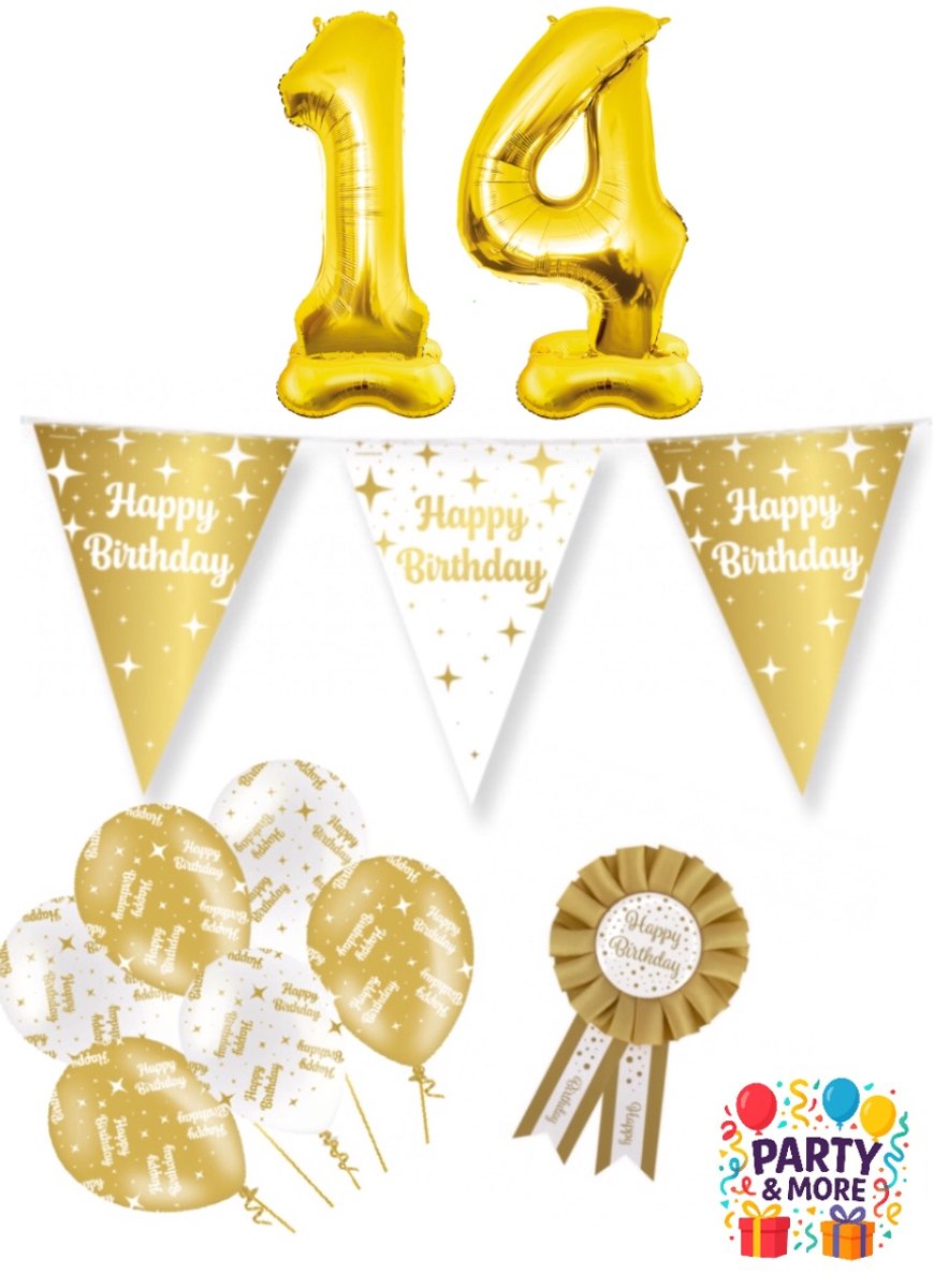 Party & More - 14 jaar - verjaardag versiering - ballonnen - slinger - cijferballon - Luxe Gouden Feestdecoratie Set – Compleet Pakket – versiering - verjaardag