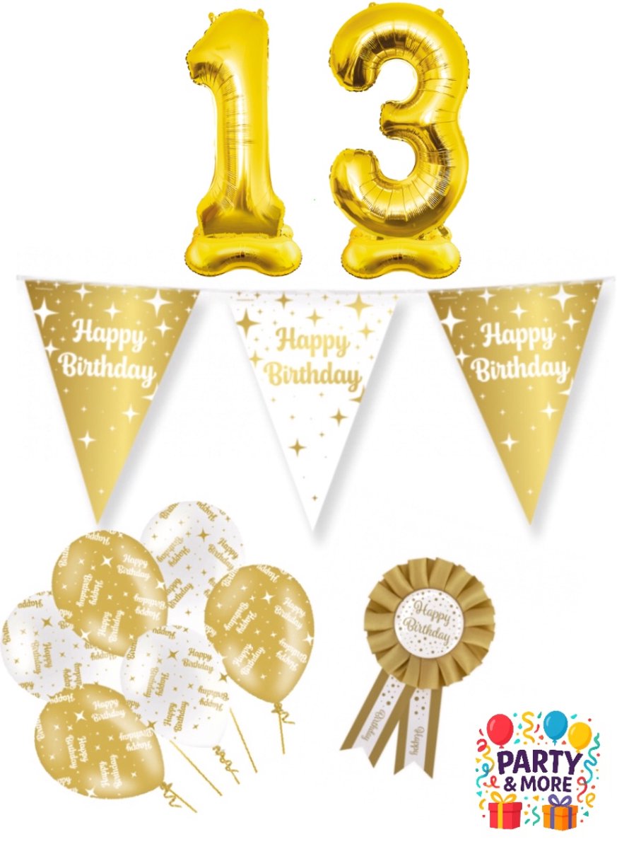 Party & More - 13 jaar - verjaardag versiering - ballonnen - slinger - cijferballon - Luxe Gouden Feestdecoratie Set – Compleet Pakket – versiering - verjaardag