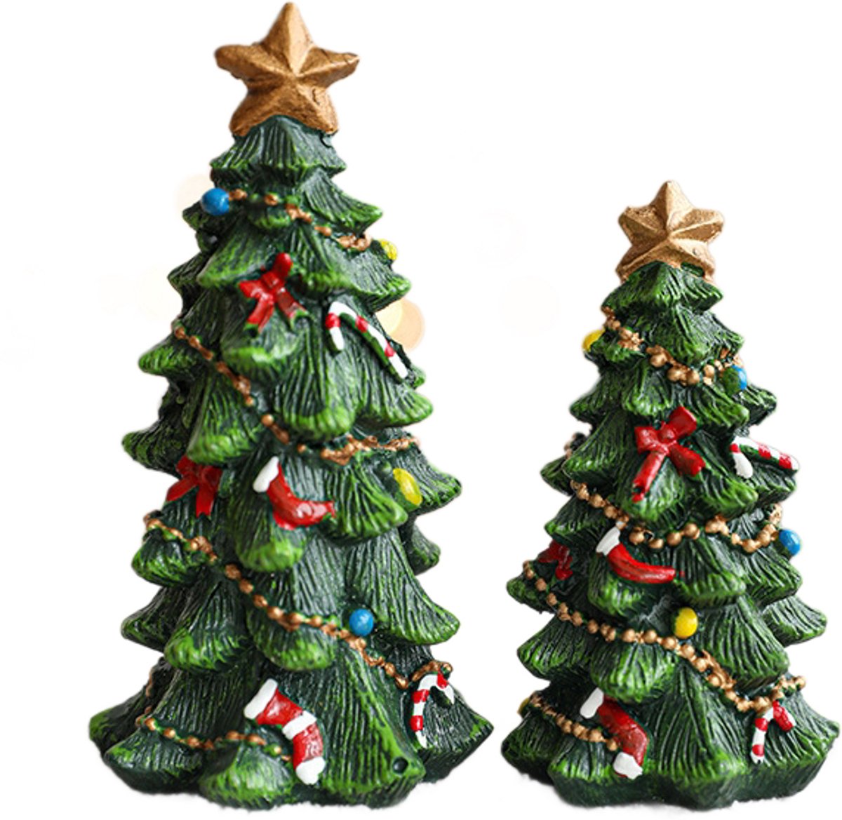 Mini Kerstbomen – Kerstdecoratie – 2 verschillende modellen – Tafel-, kast- en vensterbankdecoratie – Voor kersttafereel en etalage – Donkergroen – 2 stuks
